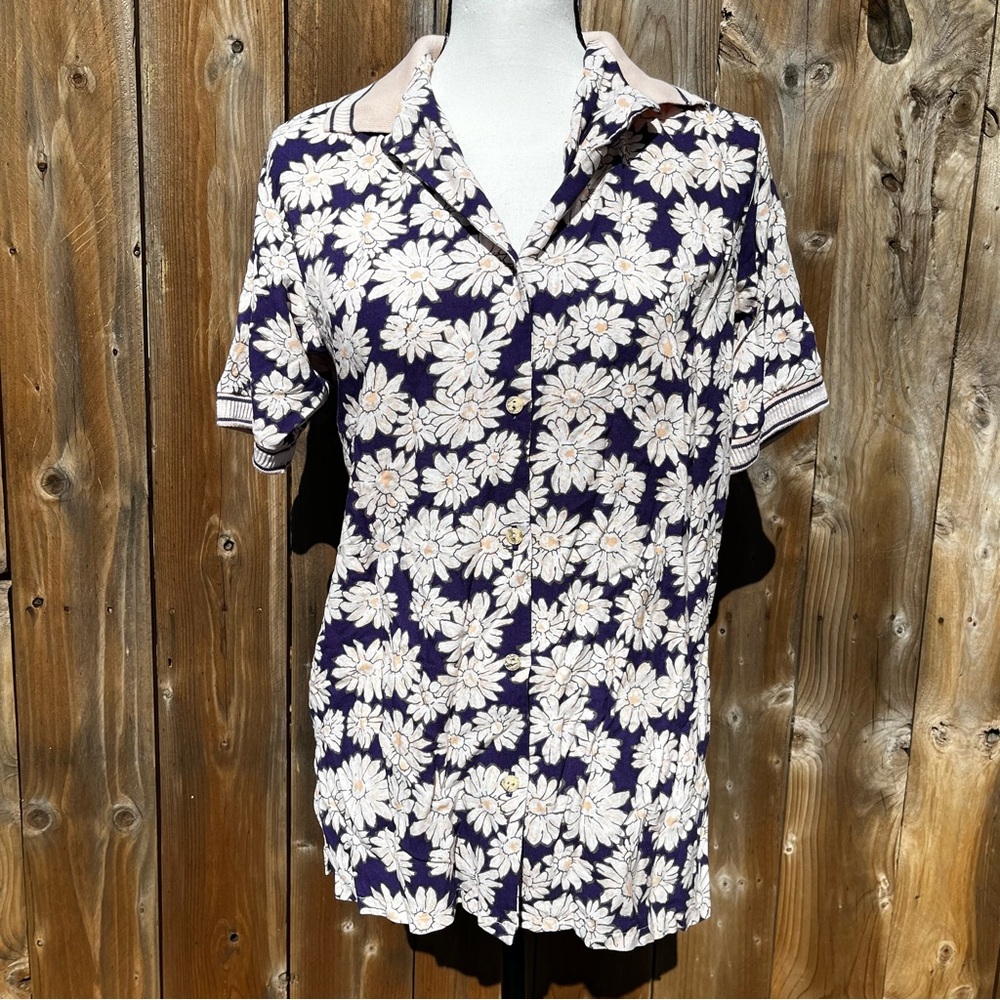 70s/80s Vintage Marcia Blue Daisy Floral Collar Button Down Polo Shirt